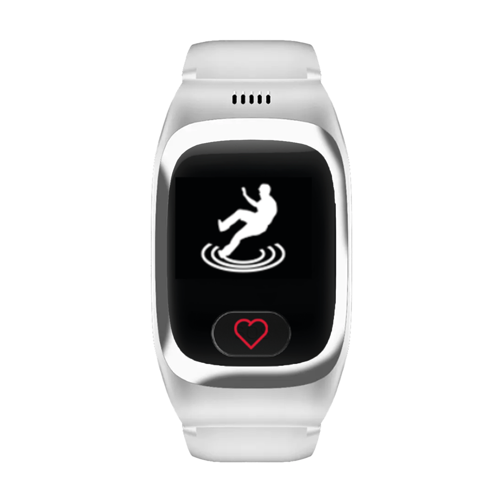 Weiße Smartwatch mit Sturz- und Herzfrequenzsymbol.