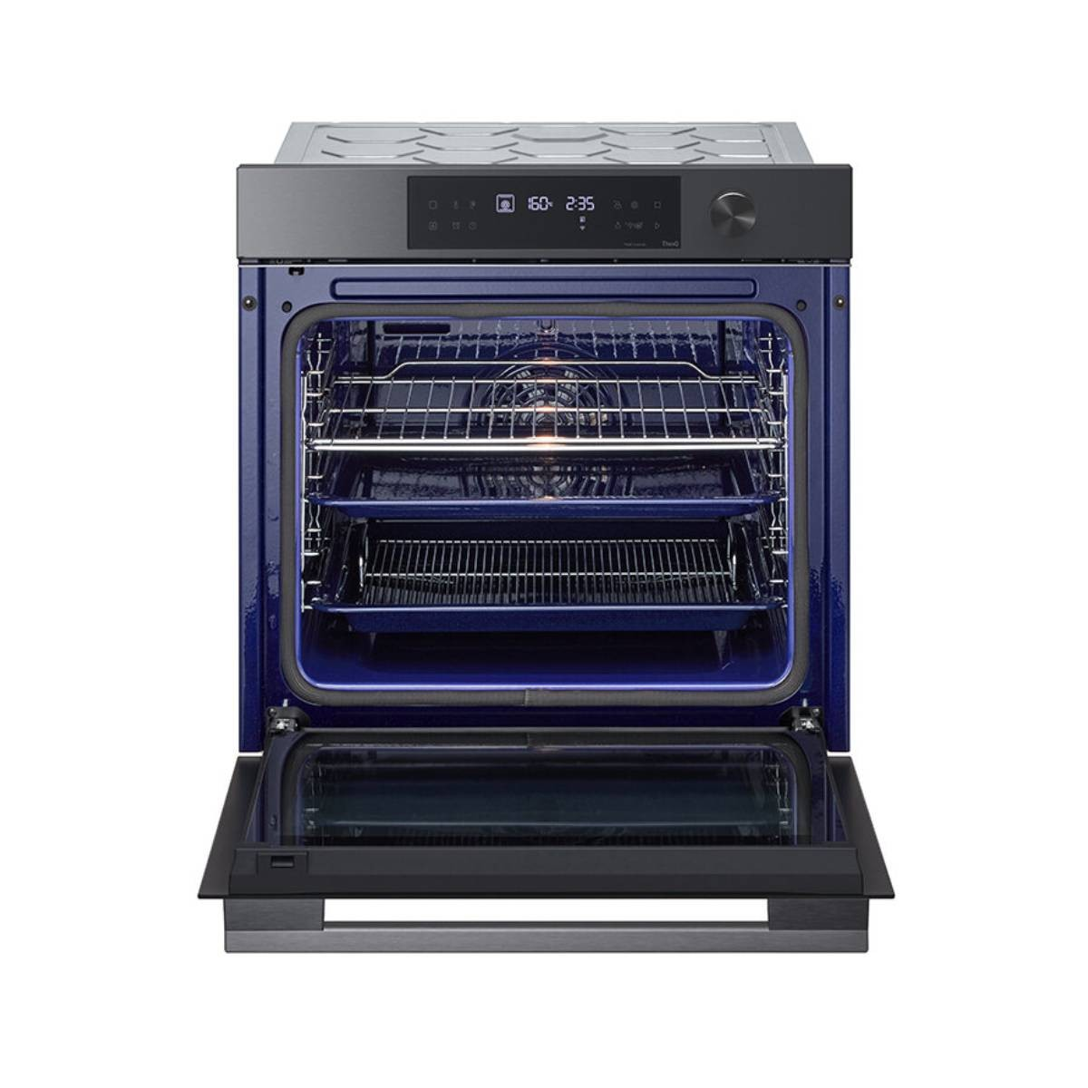 Un forno da incasso moderno e blu con porta aperta e display digitale.