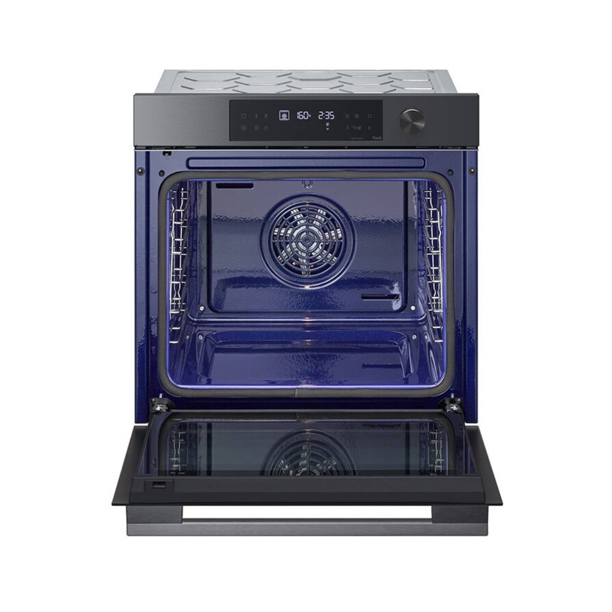 Forno da incasso moderno con porta aperta e interno blu.