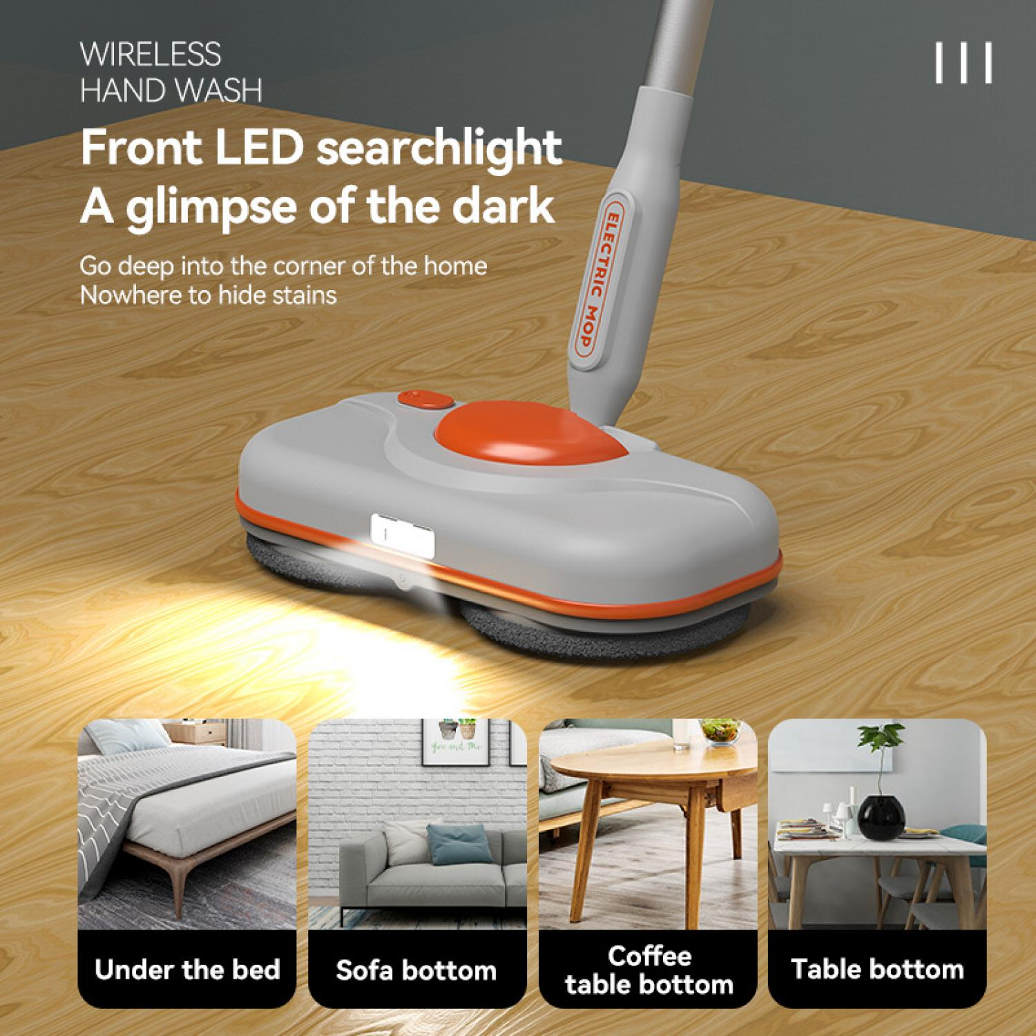 Ein elektrischer Wischmopp mit vorderer LED-Leuchte reinigt einen Holzboden. Vier kleinere Bilder zeigen die Reinigung unter einem Bett, Sofa, Couchtisch und Esstisch.