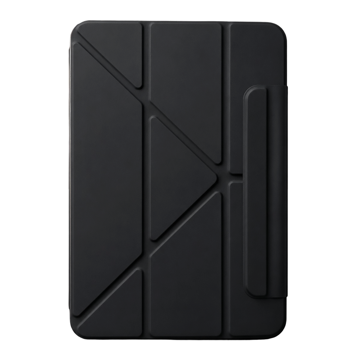 Geometrik desenli siyah katlanmış tablet kılıfı.