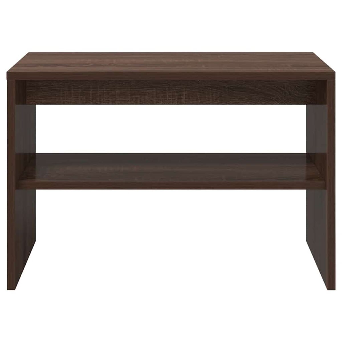 Un estante de madera oscura con dos niveles, fondo blanco.