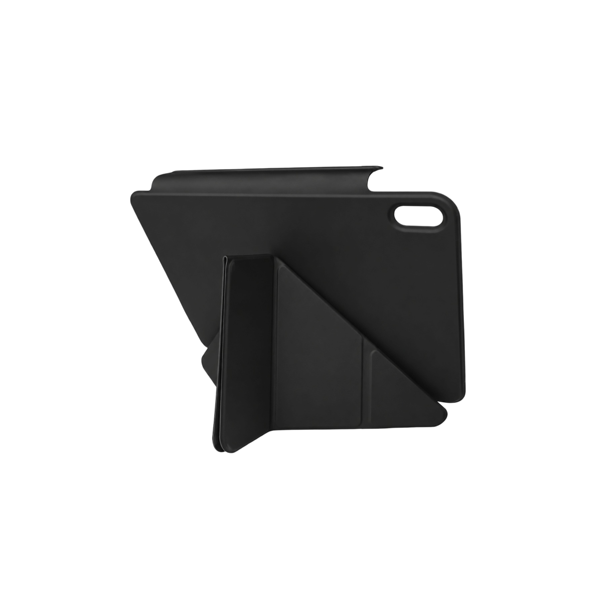 Kalkık folio standlı siyah tablet, yan görünüm.