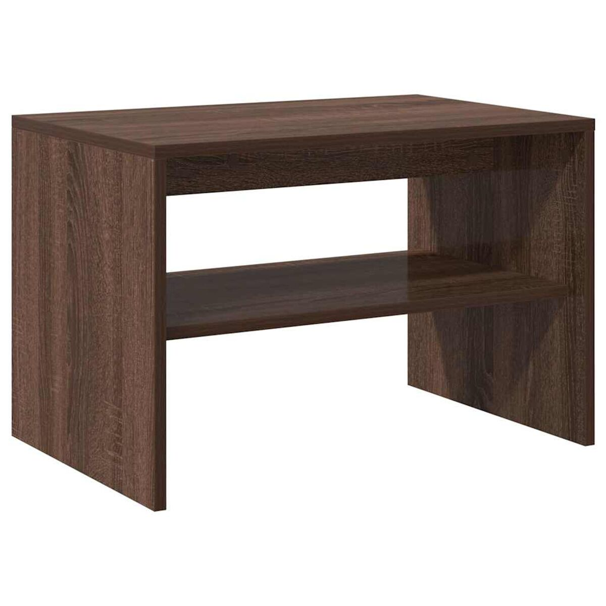 Una mesa de centro de madera marrón oscura con un estante. Diseño moderno.
