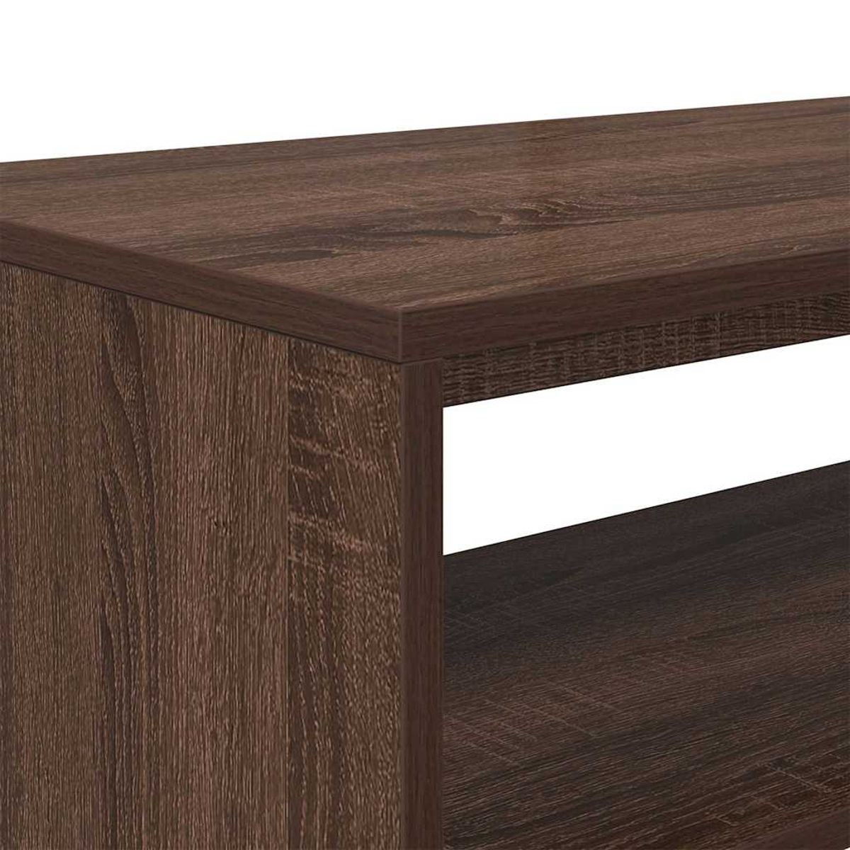 Estante de madera marrón oscuro con veta visible y dos compartimentos abiertos.
