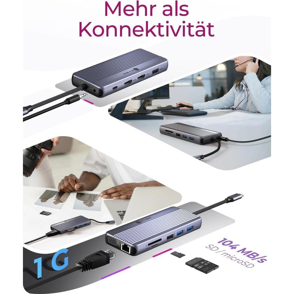 Ein Docking-Hub mit Anschlüssen und SD-Karten für Laptops.