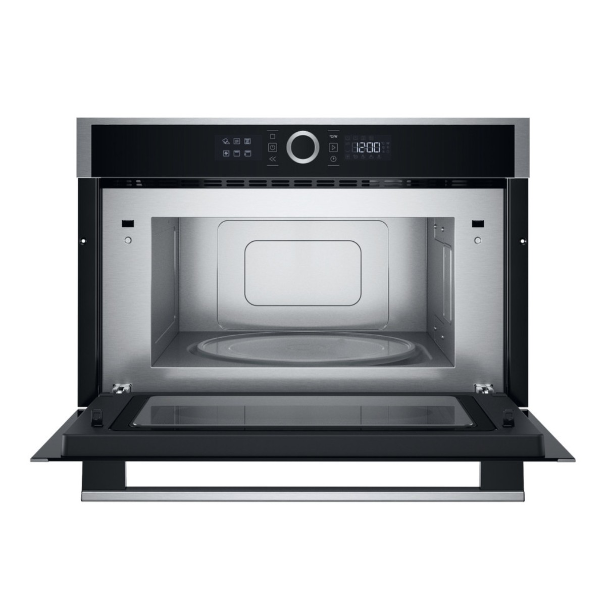 Un microonde da incasso aperto in acciaio inox con display digitale e piatto girevole in vetro.