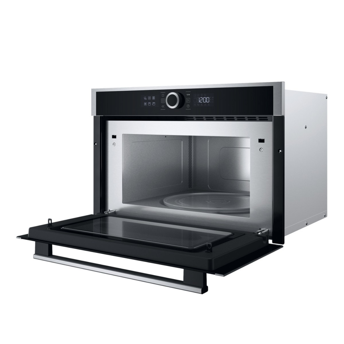 Un forno a microonde da incasso argento con porta aperta e display digitale.
