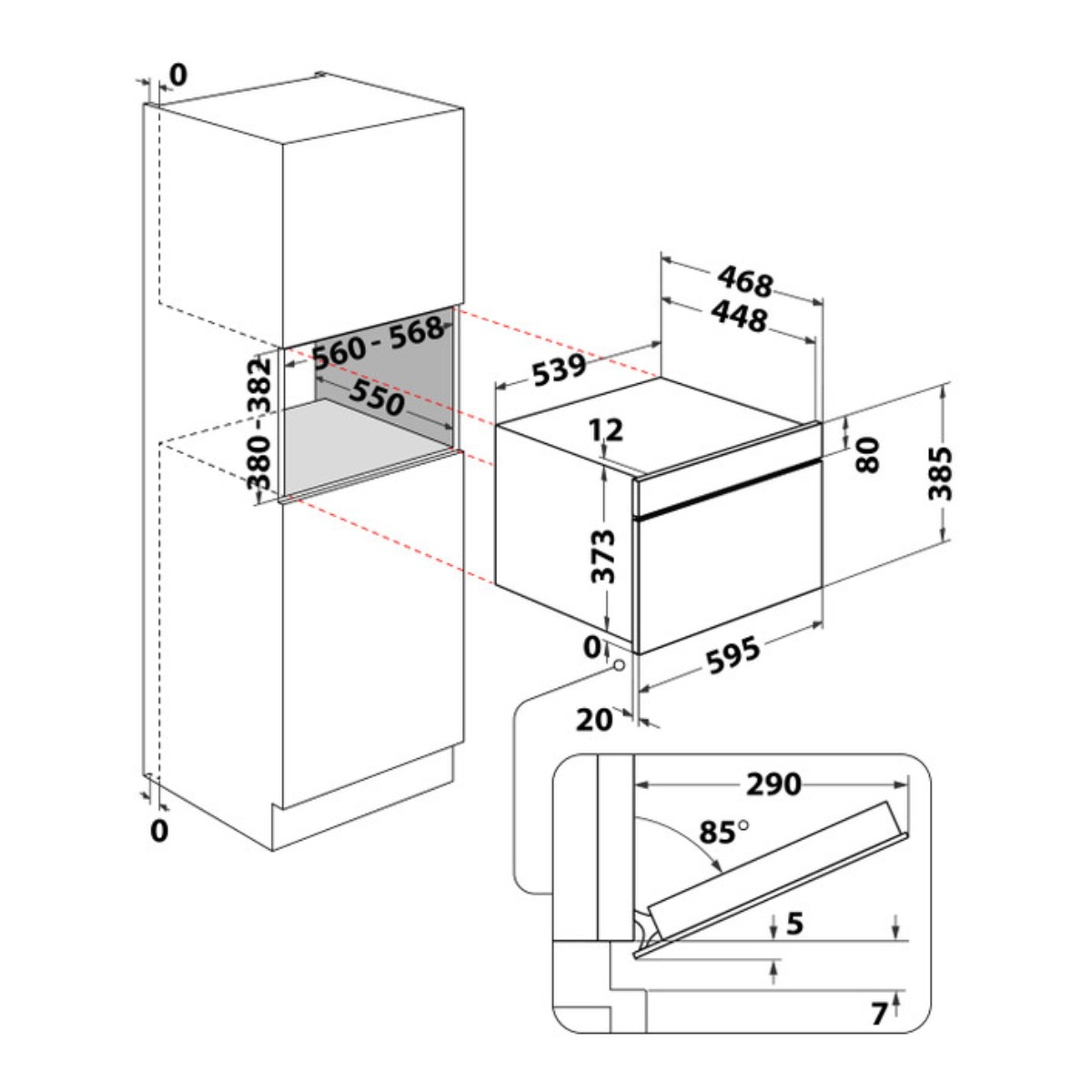 Disegno tecnico di un forno da incasso con dimensioni e ritagli.