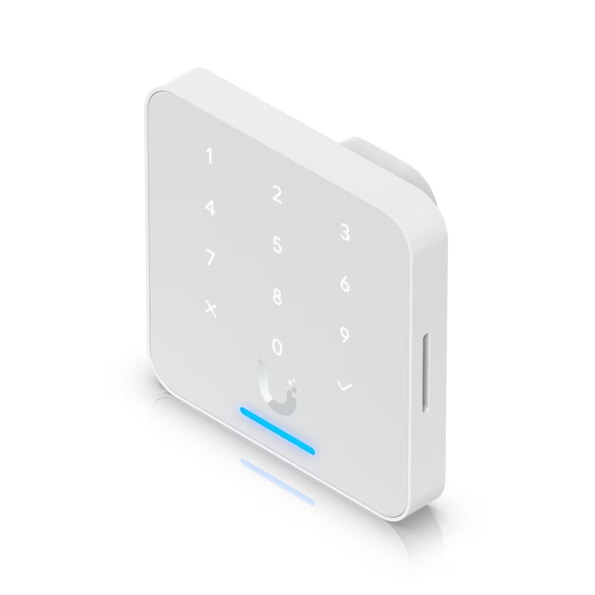 Una tastiera bianca touchscreen con tasti numerici e una barra luminosa a LED blu.