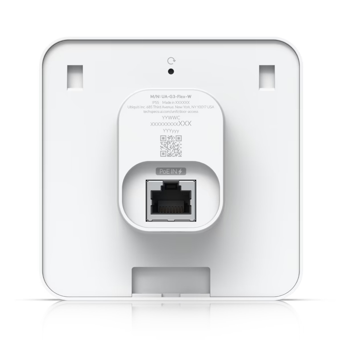 Vista posteriore di una telecamera Ubiquiti UniFi G3 Flex-W bianca, con porta PoE IN.