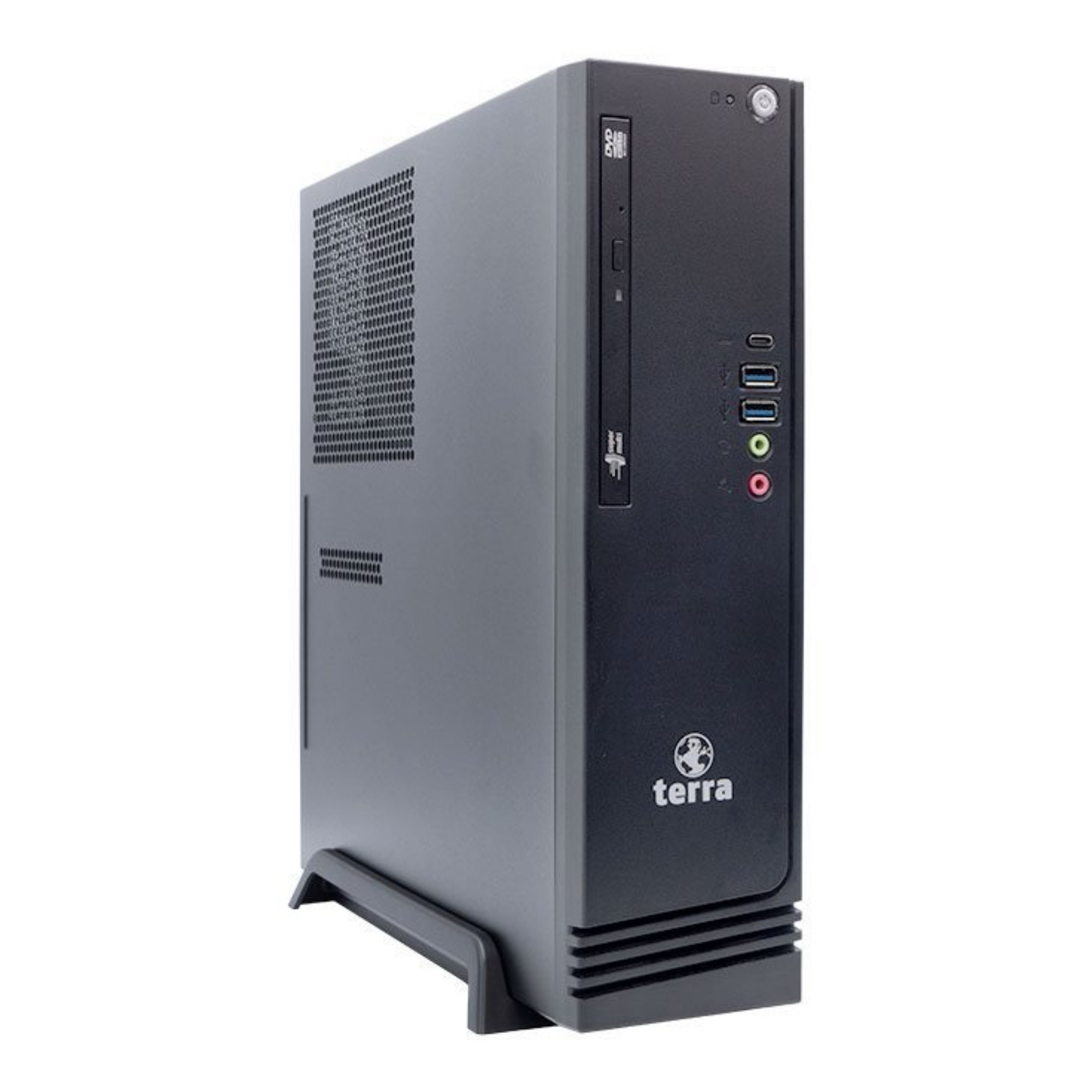 Una tower desktop Terra nera con lettore DVD e porte USB.
