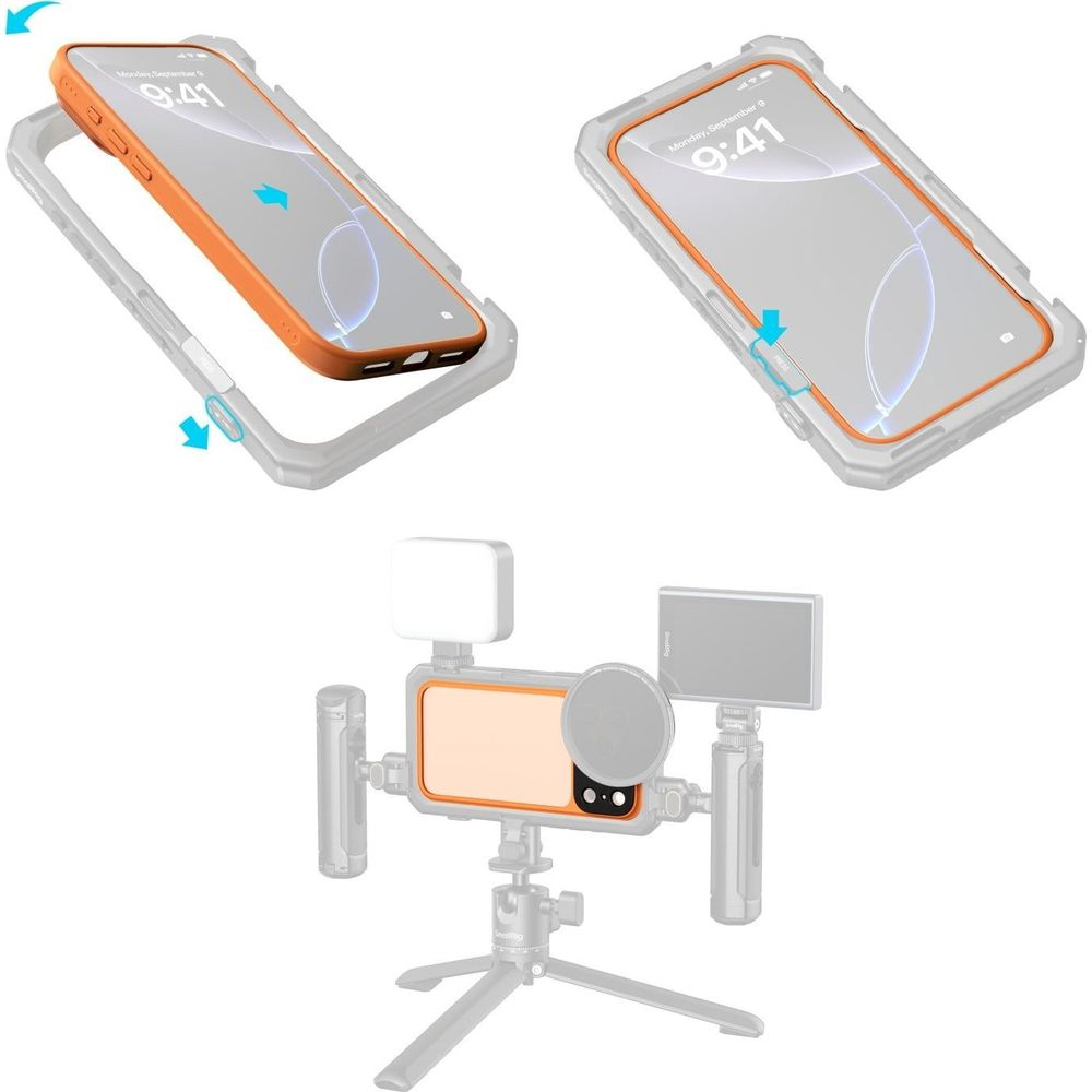 Orange Hülle wird an ein iPhone angebracht, auf einem Stativ mit Lichtern.