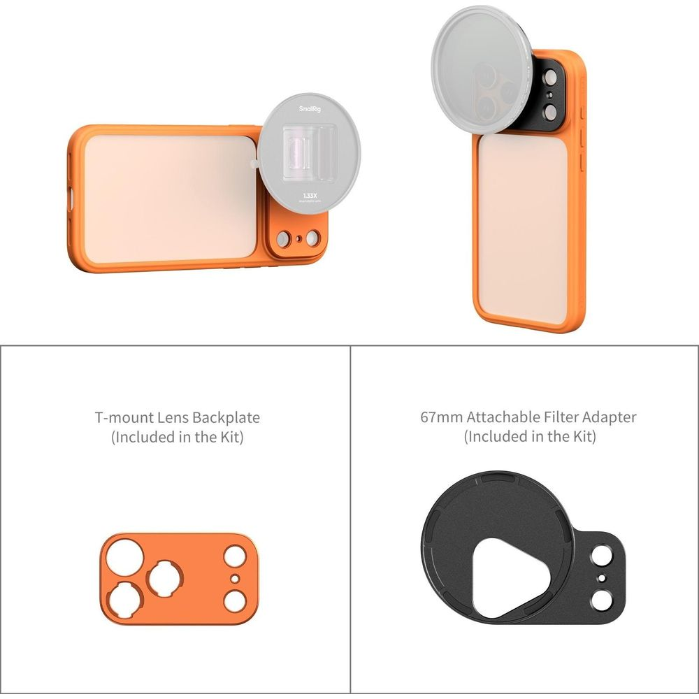 Orange Handyhülle mit Kameraobjektivadapter und T-Mount-Rückplatte gezeigt.