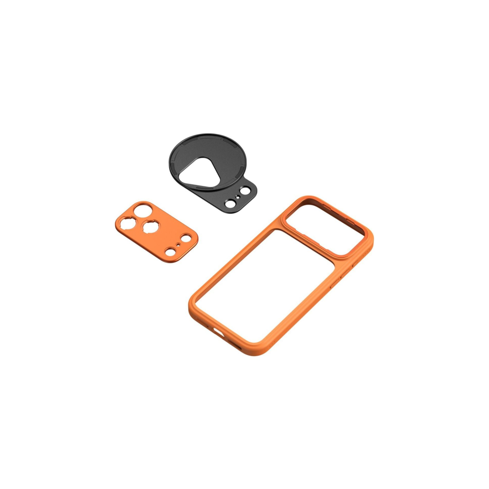 Orangefarbener Handyrahmen mit schwarzer Kameraabdeckung und orangefarbener Linse.