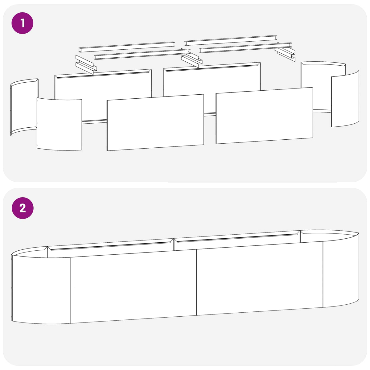 Konstruktionselemente für ein oval geformtes Display. Oben zerlegt, unten montiert.