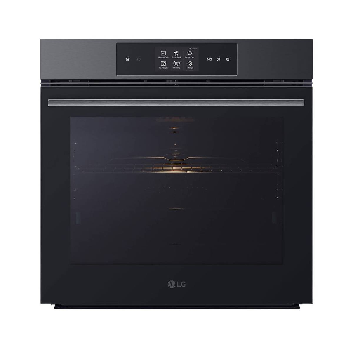 Un forno LG nero con pannello di controllo touch screen e interno illuminato.