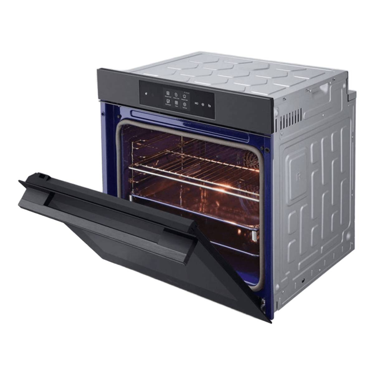 Un forno da incasso moderno con la porta nera aperta, che rivela un interno illuminato.
