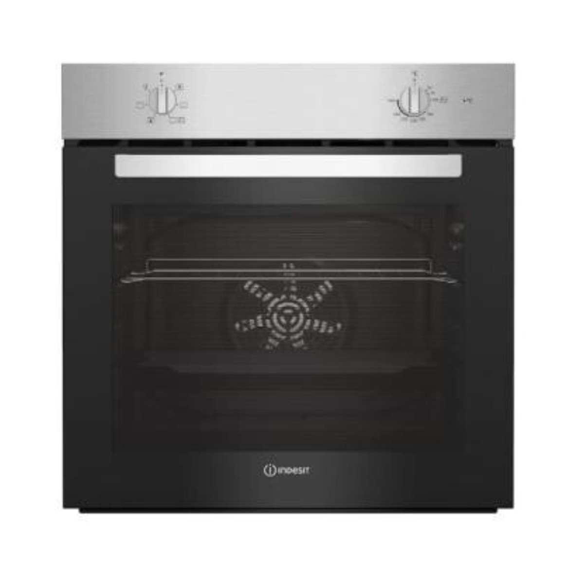 Un forno da incasso nero moderno con parte superiore in acciaio inox e due manopole.