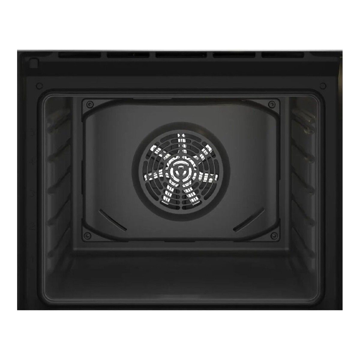 Vista interna di un forno nero con griglia del ventilatore al centro.