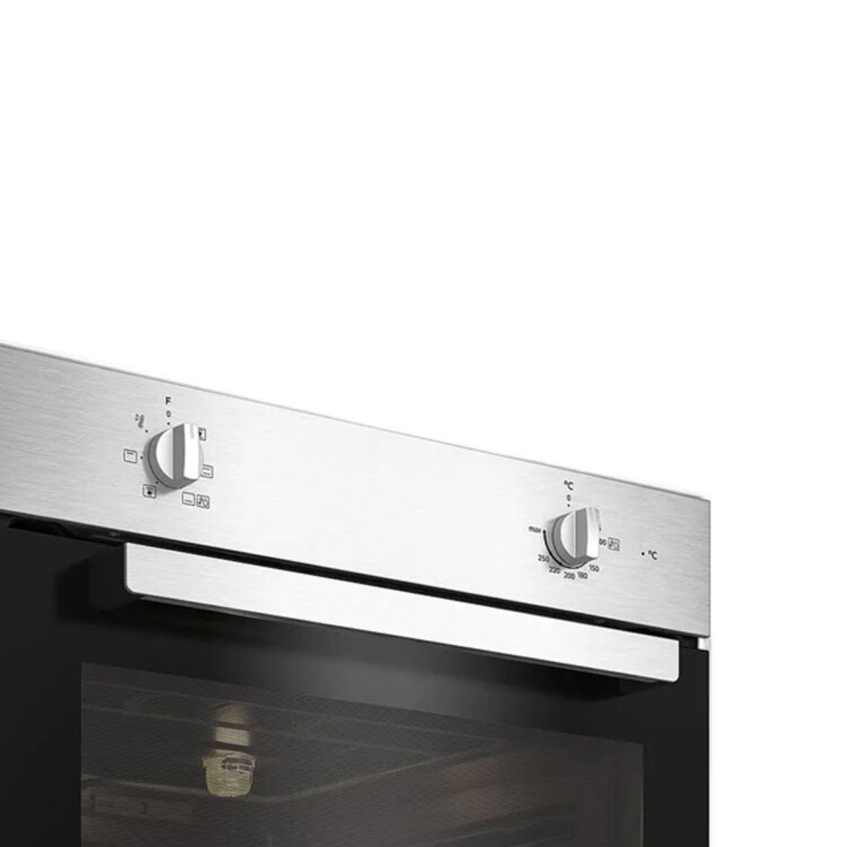 Frontale forno in acciaio inox con due manopole, che mostrano simboli di funzione e temperatura.