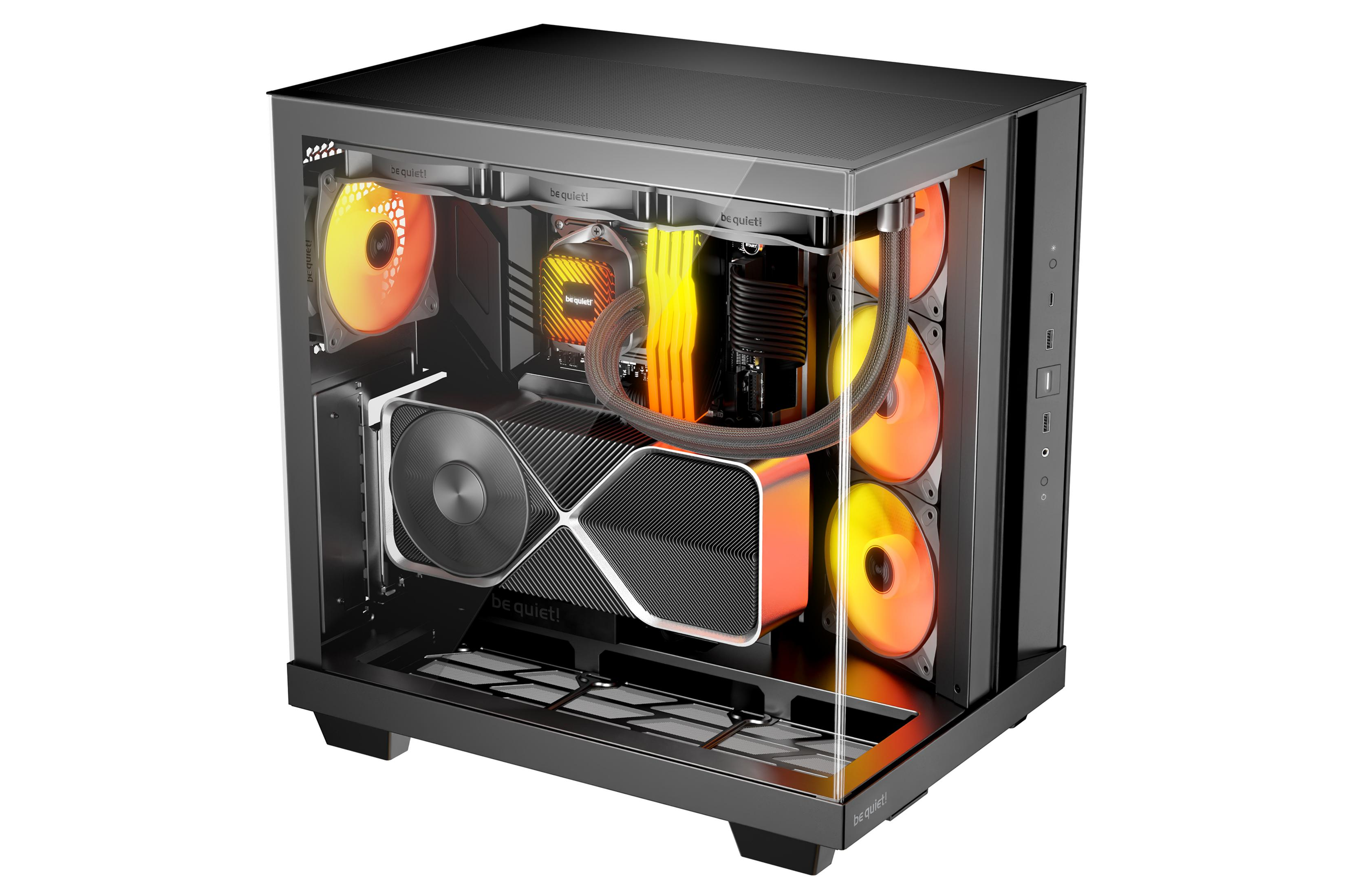 Ein schwarzer PC-Gehäuse mit Glasfront. Leuchtende Lüfter in Orange und Gelb.