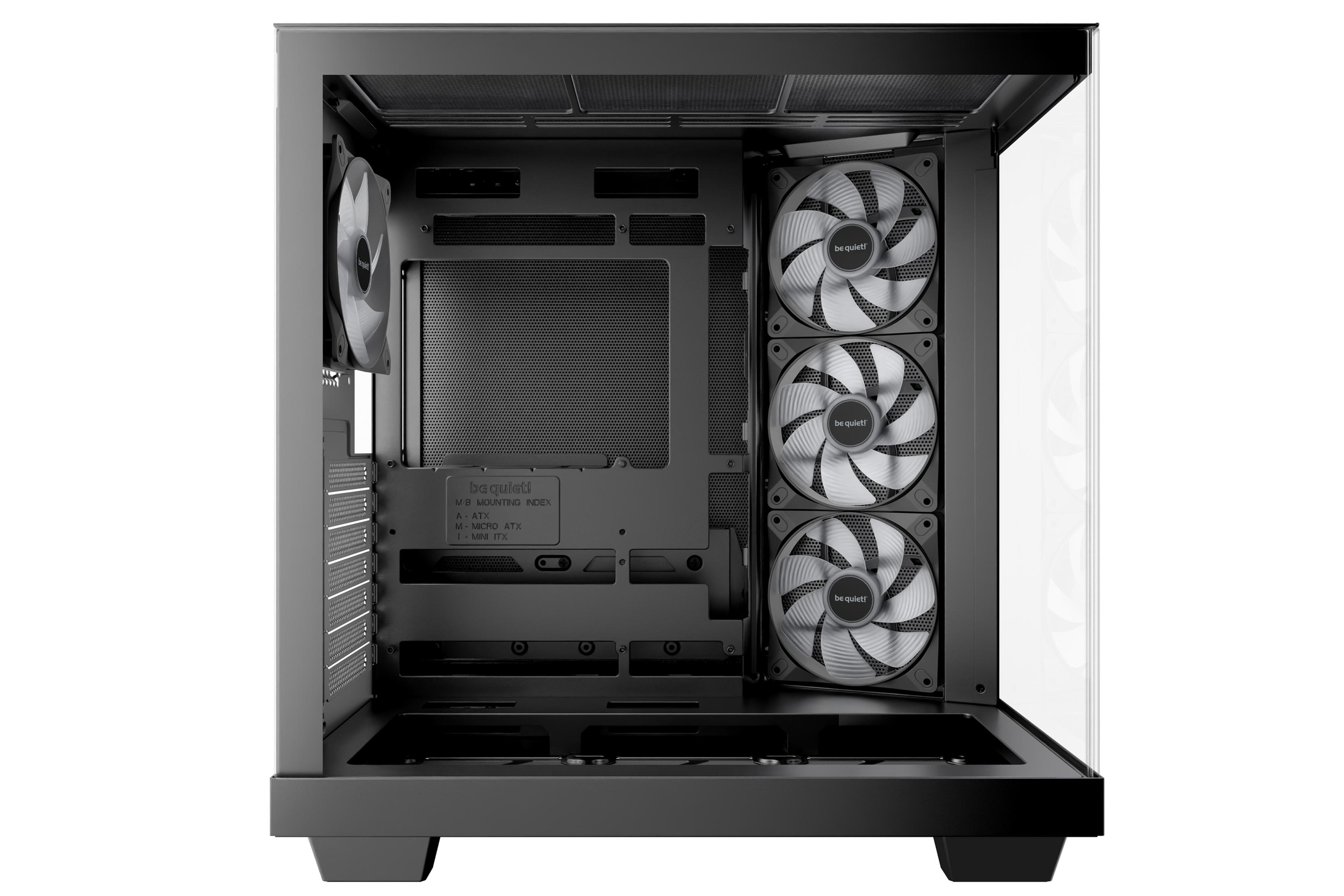 Ein leerer PC-Gehäusestruktur mit Lüftern und Kabelmanagement.