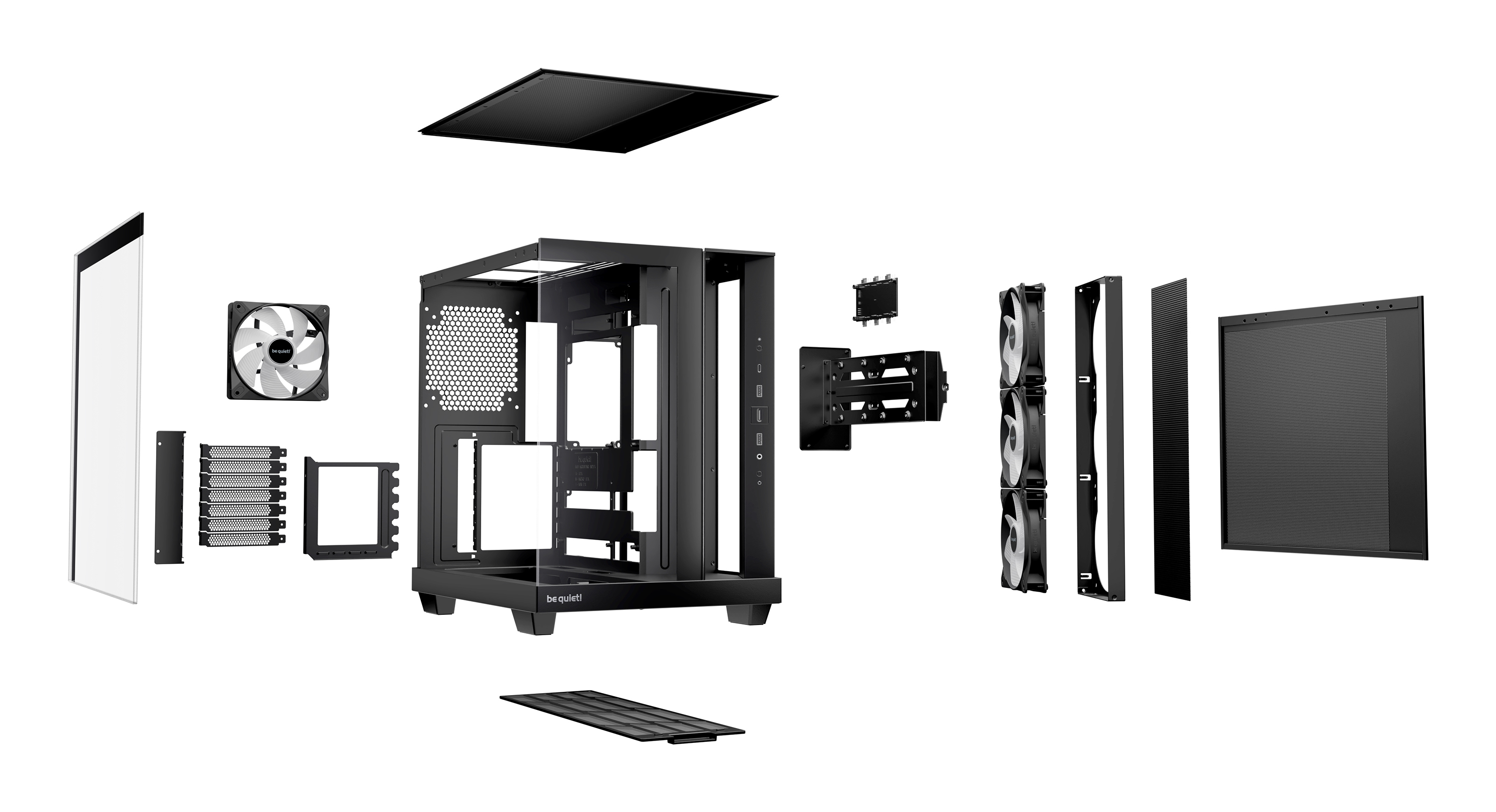 Explosionsansicht eines schwarzen Computergehäuses mit Lüftern, Platten und Rahmen.
