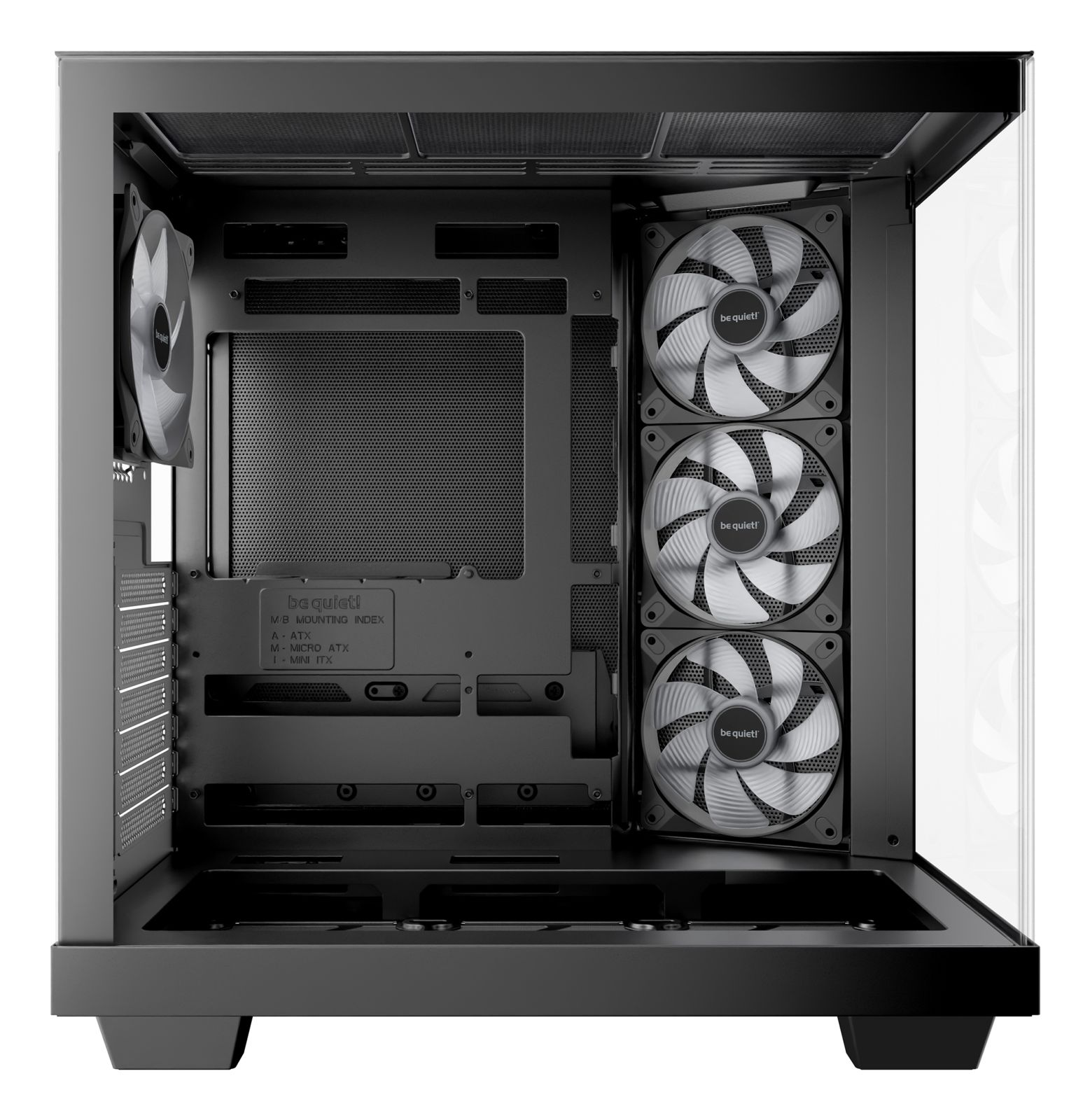 Ein offener schwarzer PC-Gehäuse mit Lüftern und Glasseite.