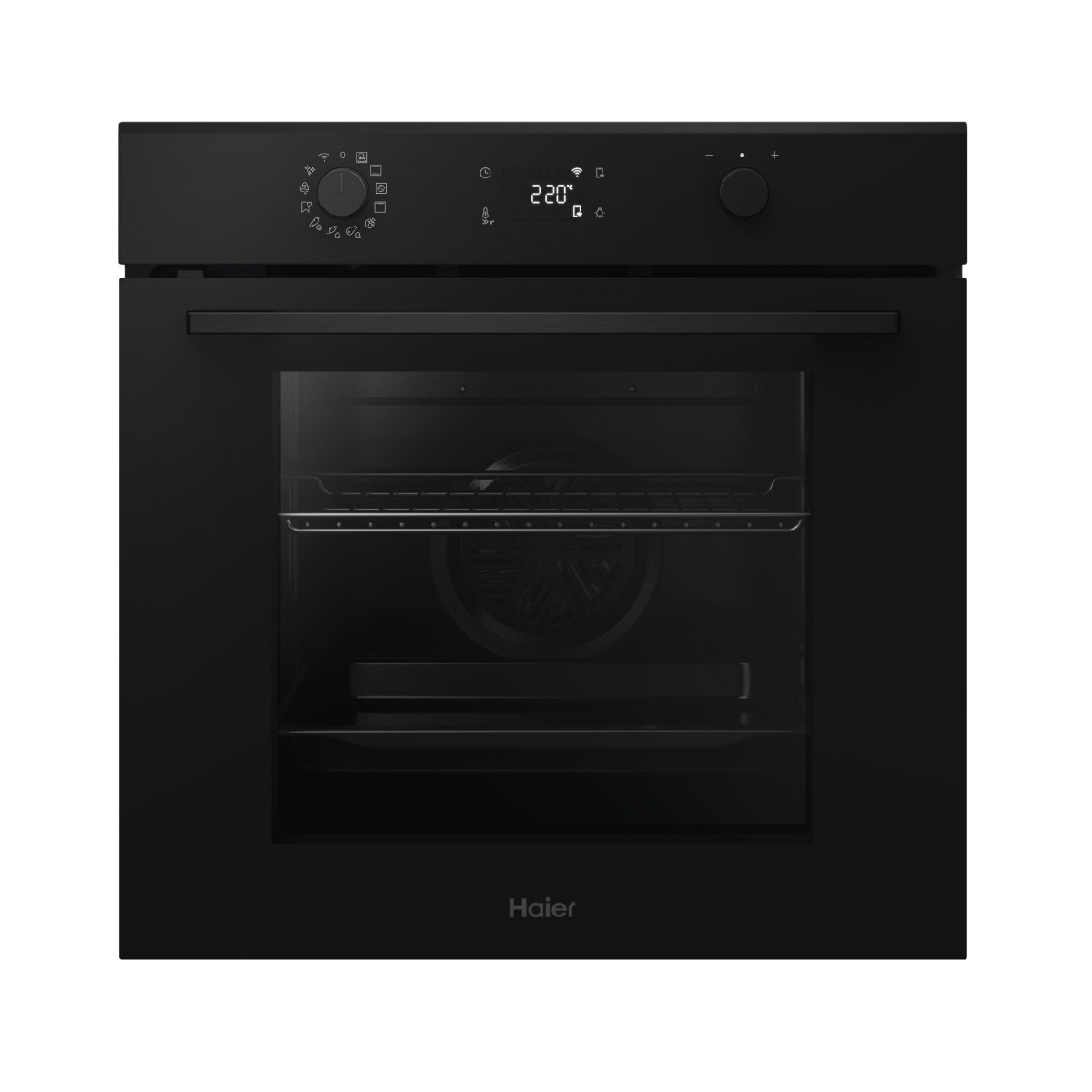 Un forno da incasso nero con display digitale e manopole.