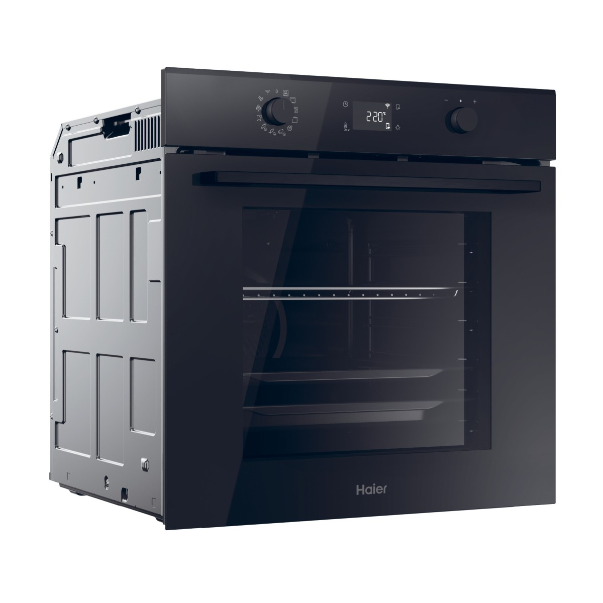 Un forno da incasso Haier nero con display digitale e manopole di controllo.