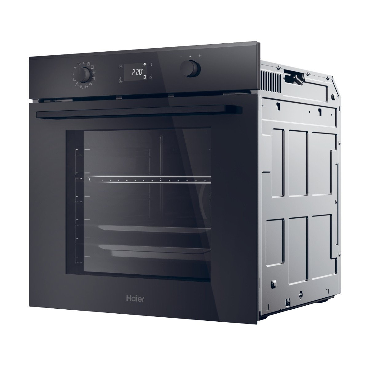 Un forno da incasso nero con display digitale e frontale in vetro.