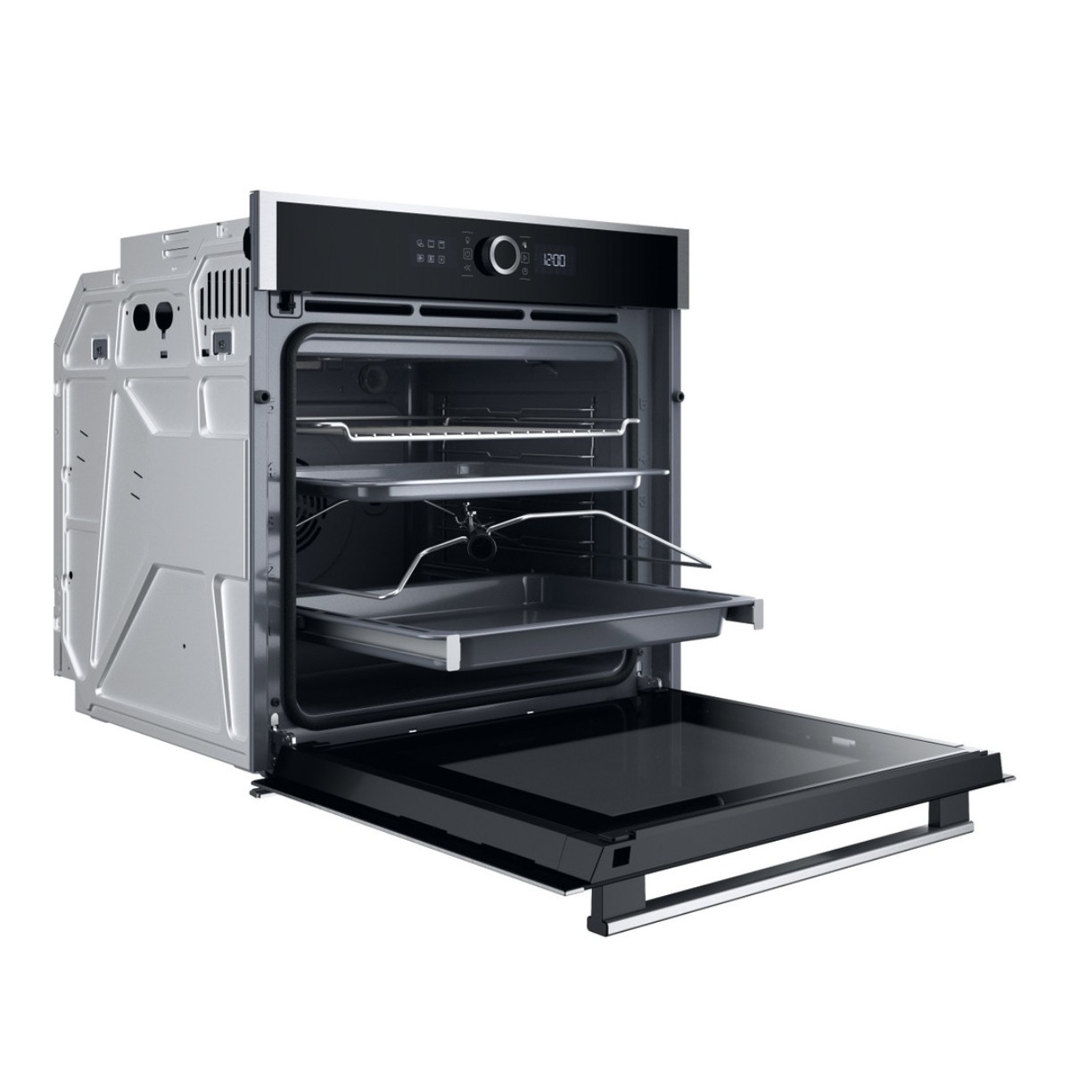 Un forno da incasso moderno con cassetto esteso e porta a vetro.