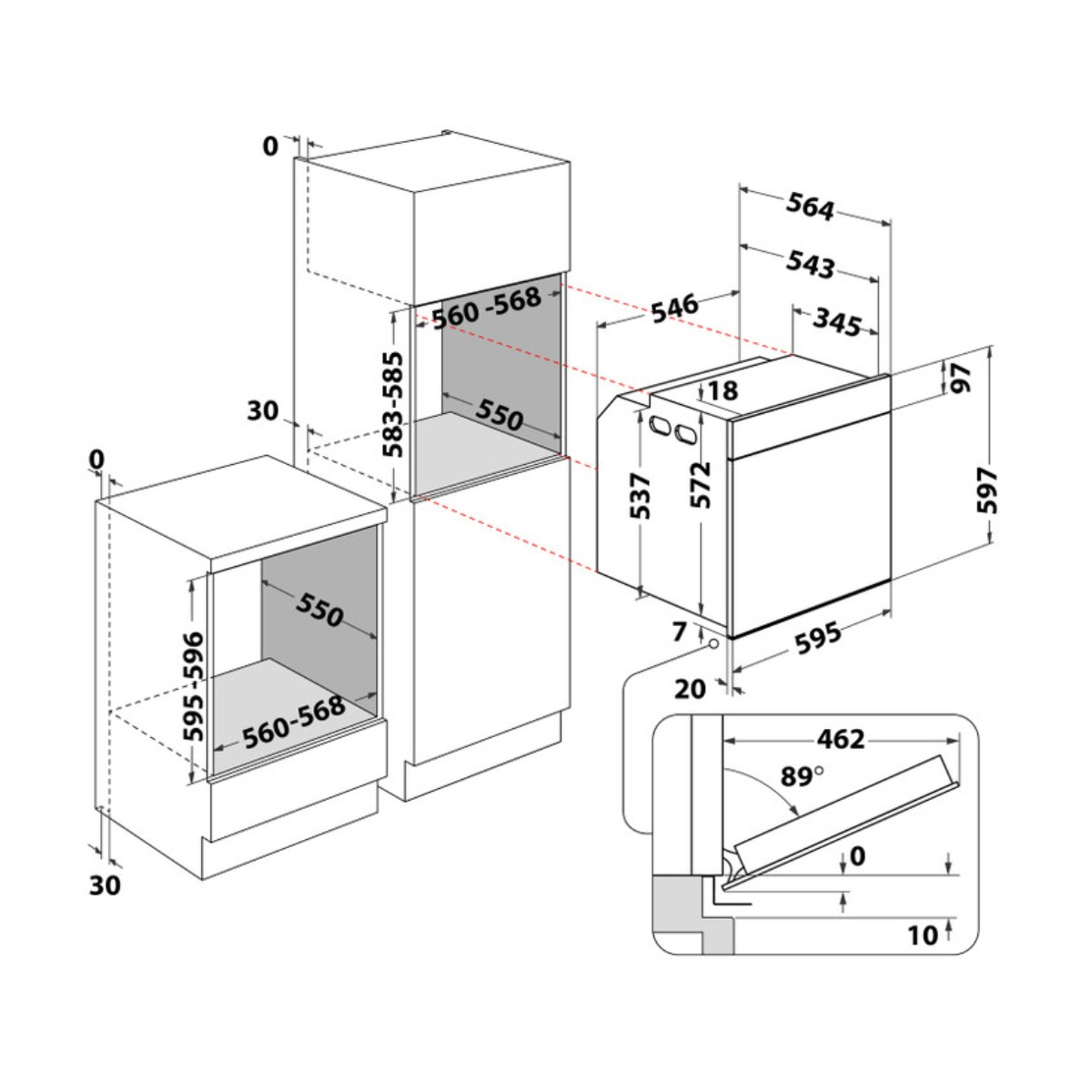 Disegno tecnico di un forno da incasso con dimensioni e dettagli di installazione.