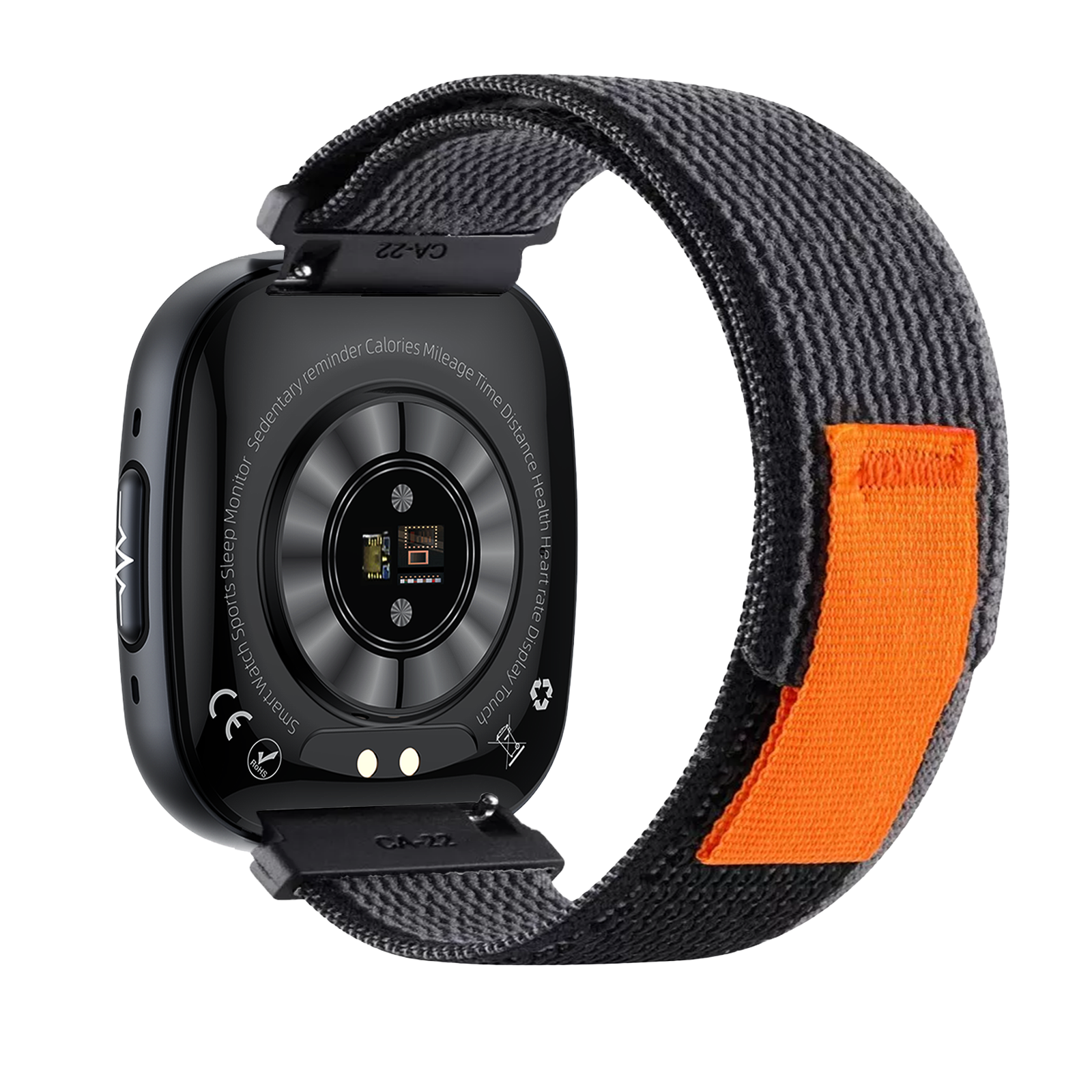 Rückseite einer schwarzen Smartwatch mit Stoffarmband und orangefarbenem Detail.