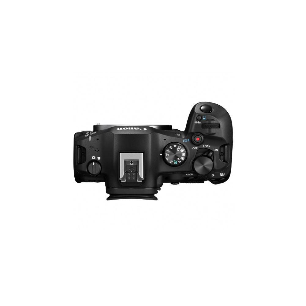 Bovenaanzicht van een zwarte Canon EOS R camera met bedieningselementen en flitsschoen.