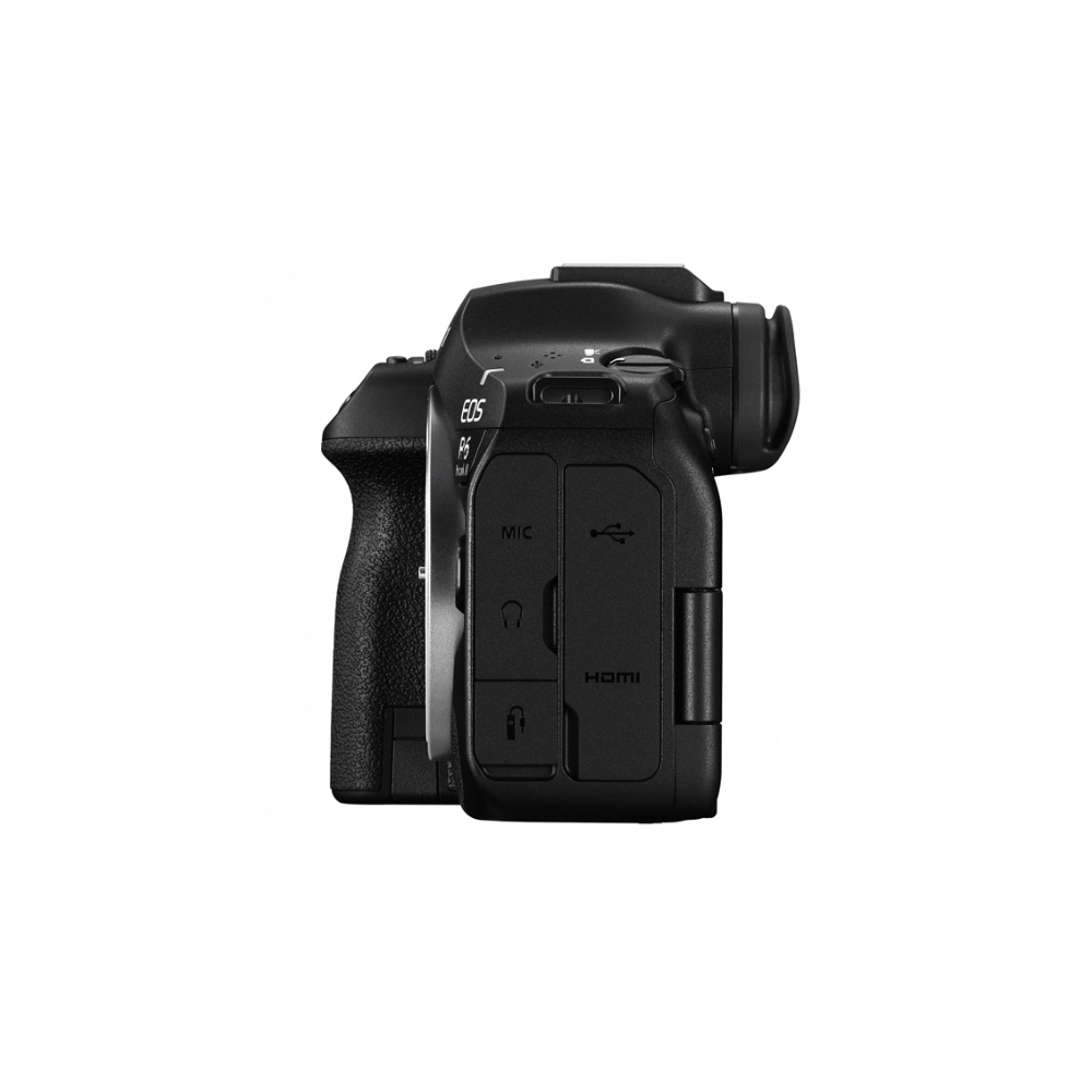 Zwarte camera met poorten voor microfoon, USB en HDMI.