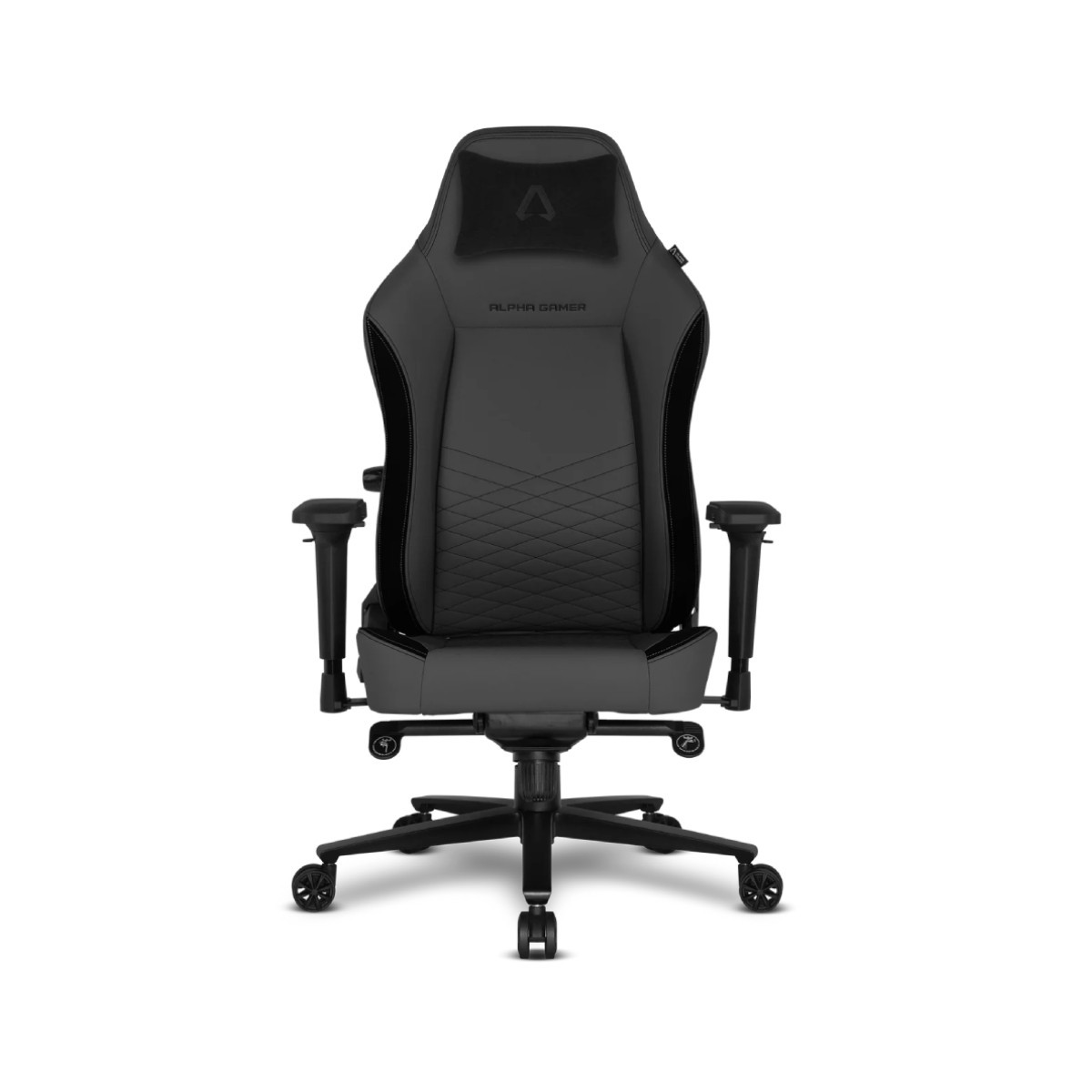 Una sedia da gaming nera con sedile, schienale e poggiatesta imbottiti.