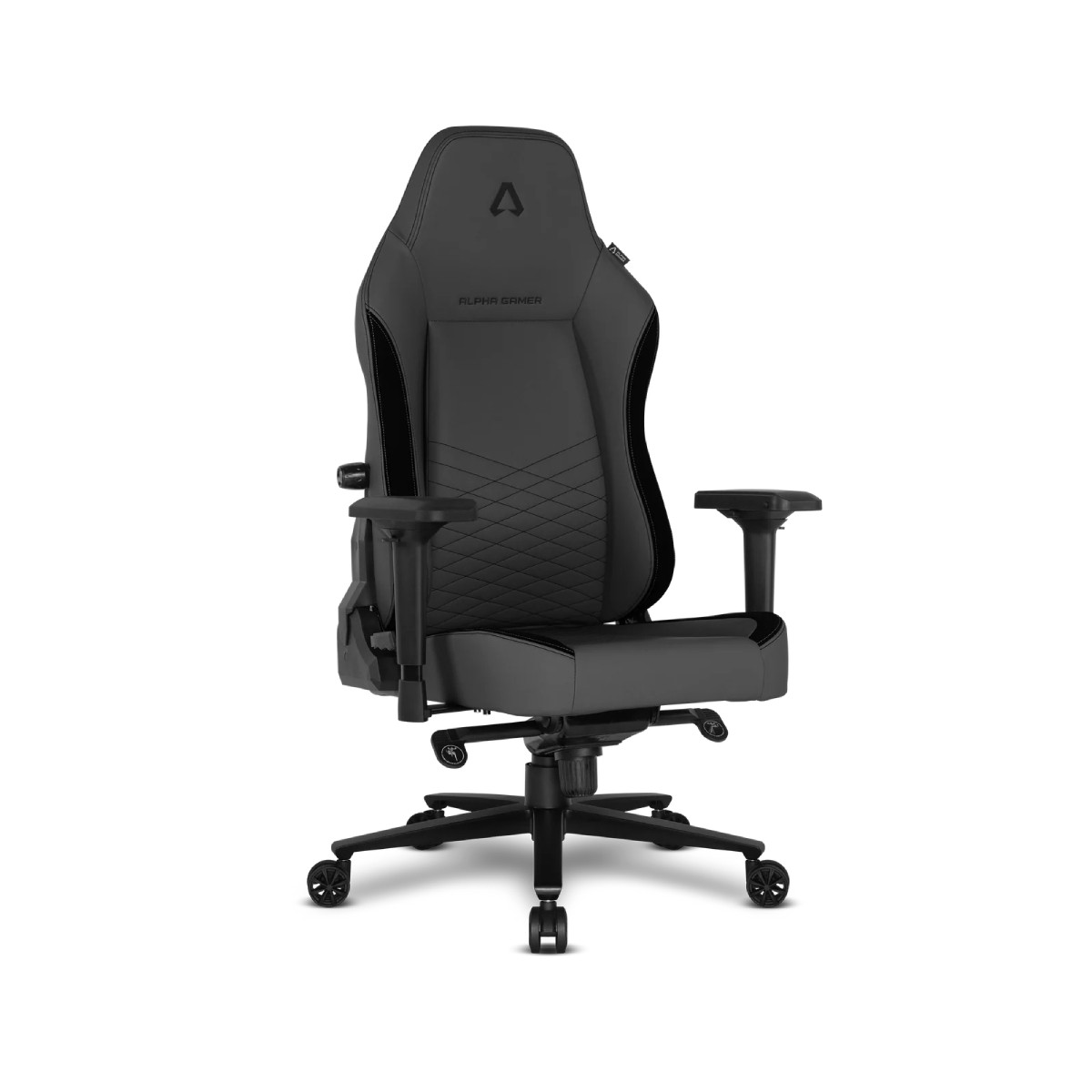 Una sedia da gaming nera con cuciture a diamante e logo Alpha Gamer.