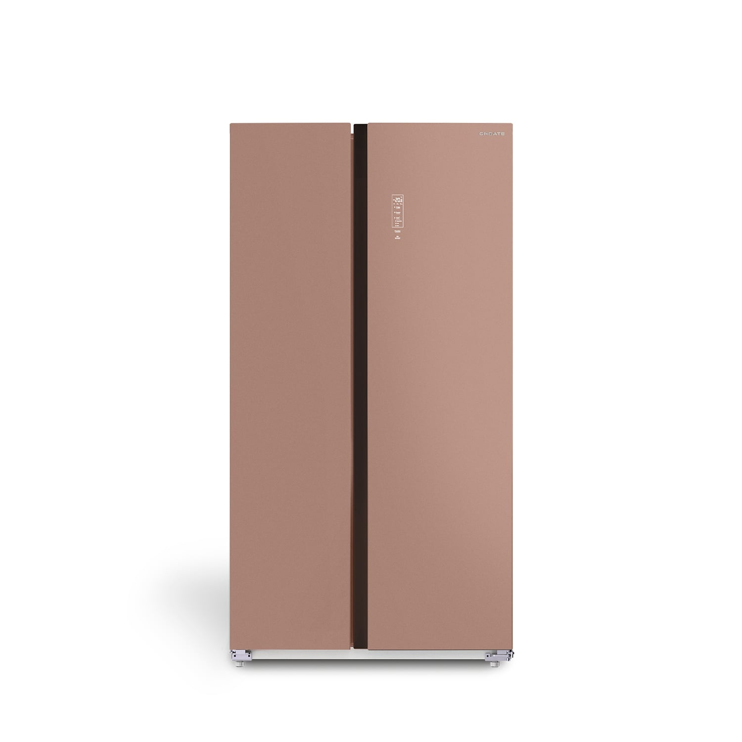 Un refrigerador de dos puertas, color oro rosa, con pantalla digital en la puerta.