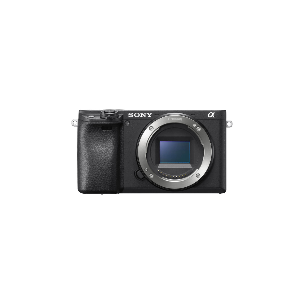 Een zwarte Sony Alpha systeemcamera met E-mount lenssysteem.