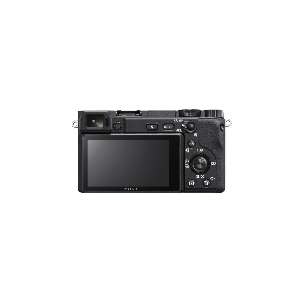 Achterkant van een zwarte Sony digitale camera met LCD-scherm en bedieningsknoppen.