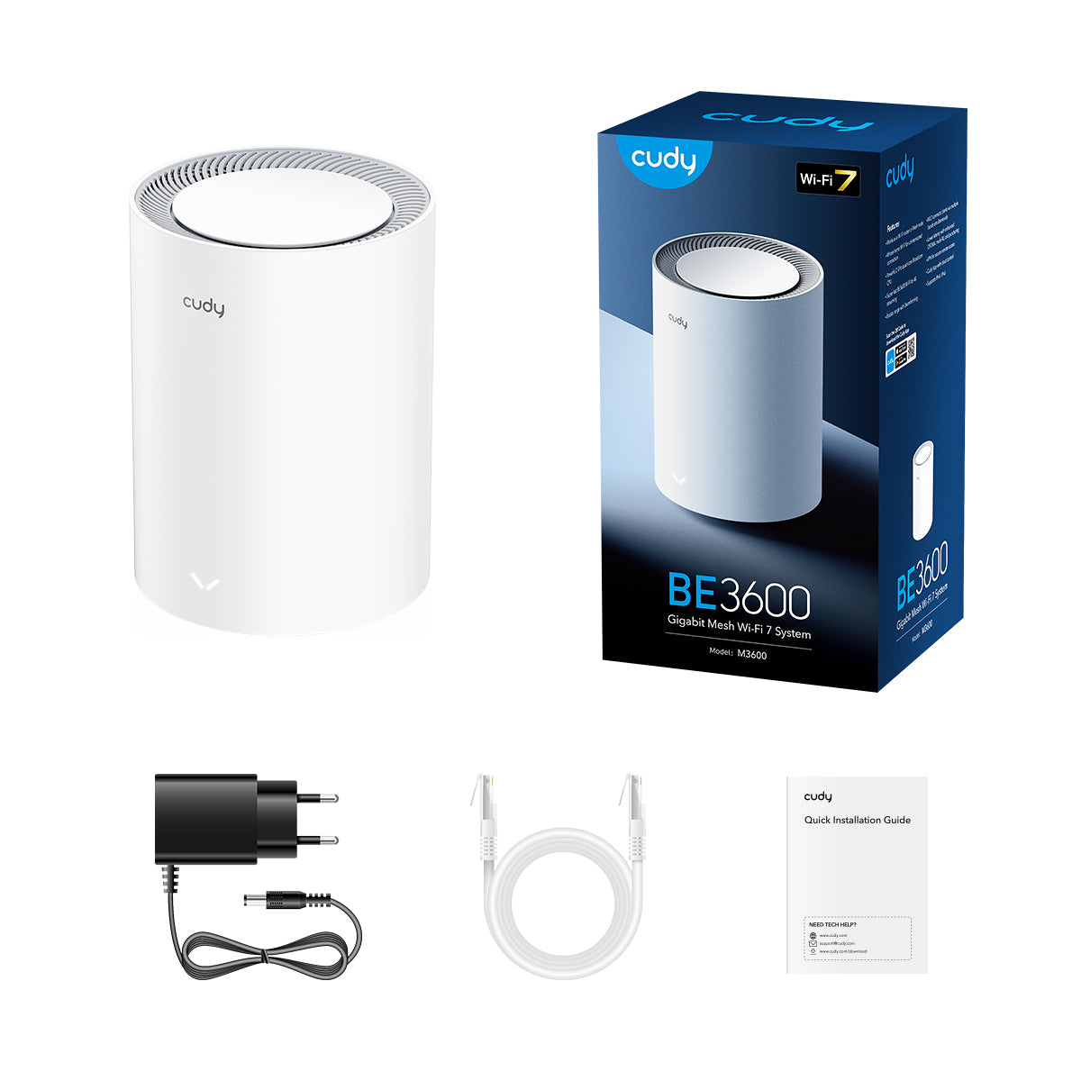 Biały router Cudy Mesh Wi-Fi 7 z akcesoriami: zasilacz, kabel, instrukcja.
