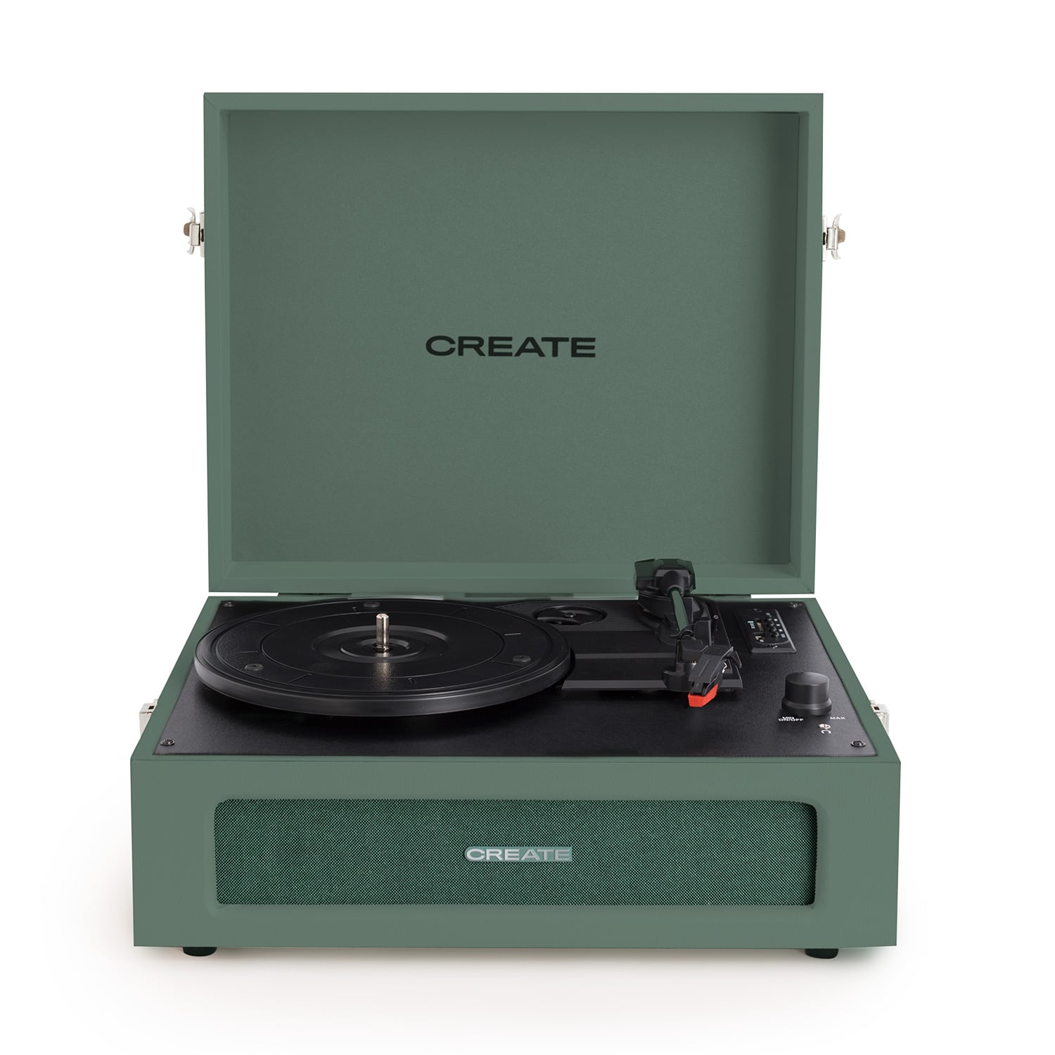 Un tocadiscos verde con la tapa abierta, mostrando un disco y brazo de lectura.