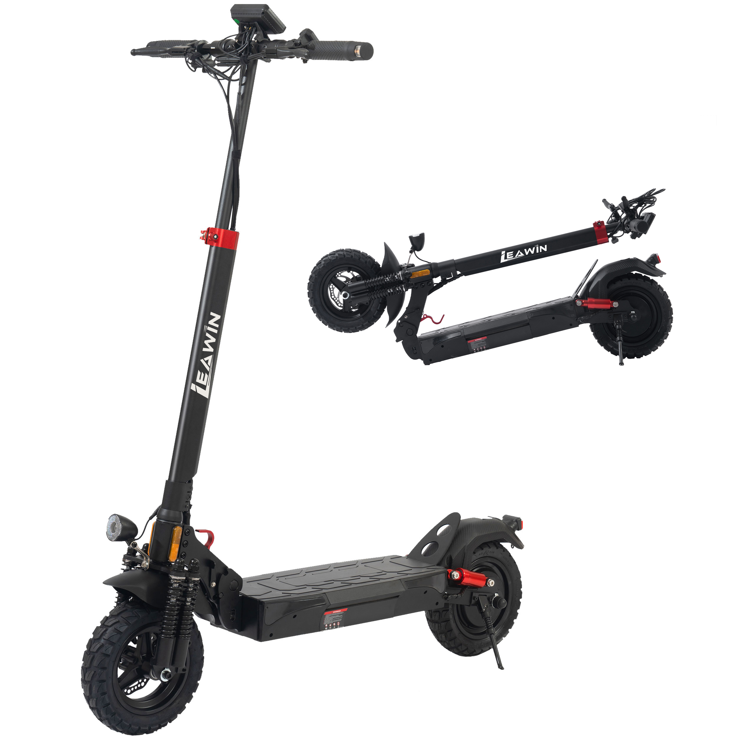 Zwei schwarze E-Scooter auf weißem Hintergrund, einer aufrecht, der andere zusammengeklappt.