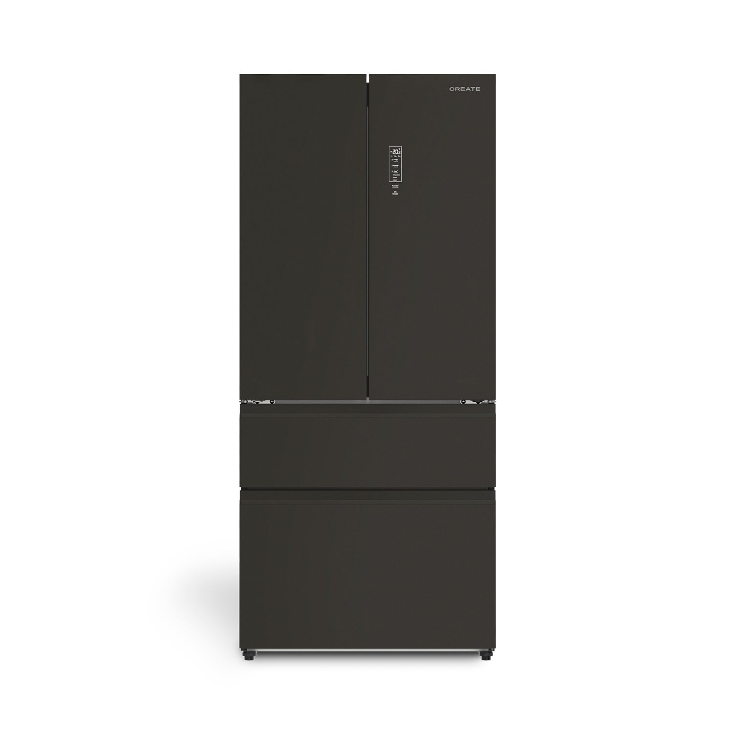 Un refrigerador oscuro de tres puertas con un cajón y una pantalla digital.