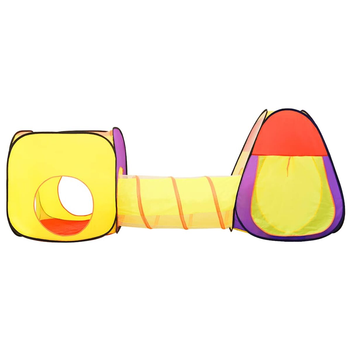 Una tenda da gioco gialla con tunnel, accenti rossi e viola. Isolato su bianco.