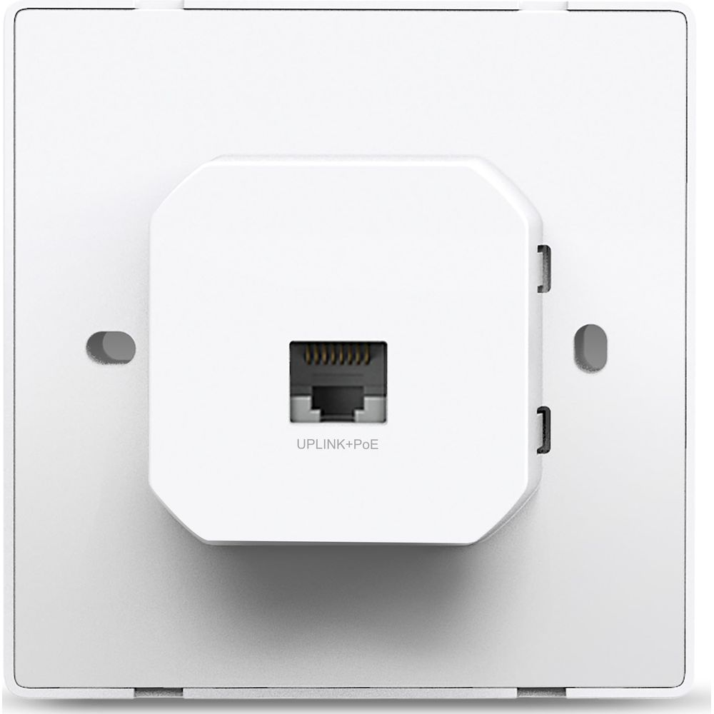Plaque murale blanche avec module carré central UPLINK+PoE et port Ethernet.