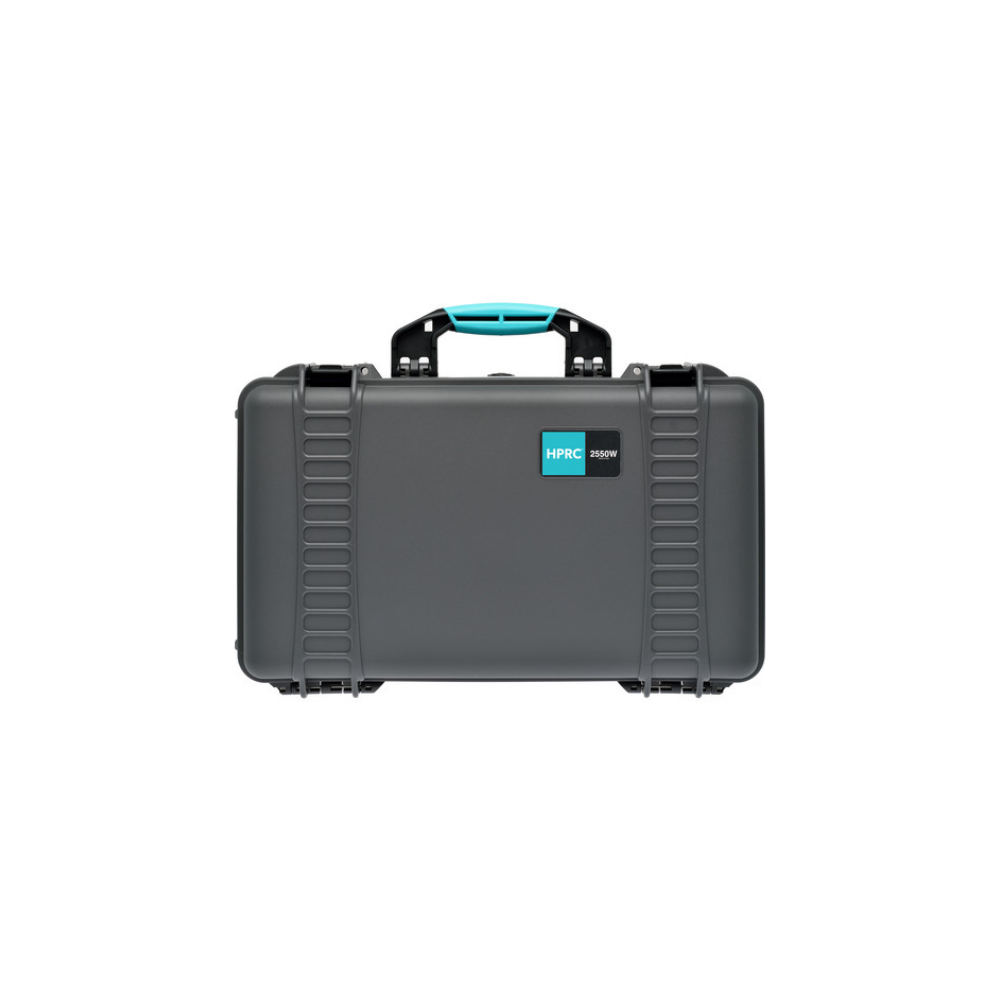 Grijze koffer met turquoise handvat en HPRC 2550W logo.