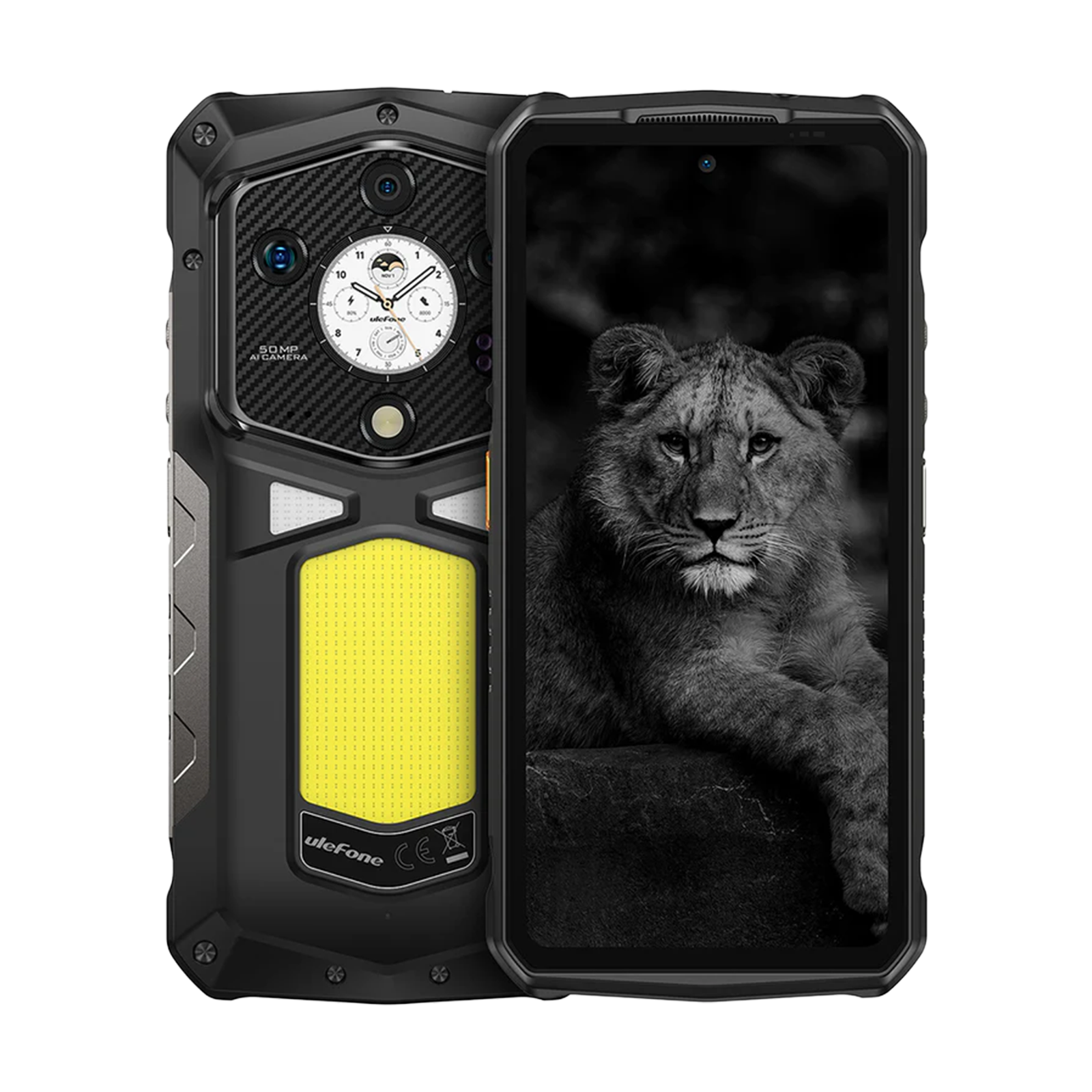 Smartphone robusto con fotocamere e immagine di leone sullo schermo.